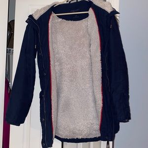 Navy blue winter jacket w/ faux fur hood